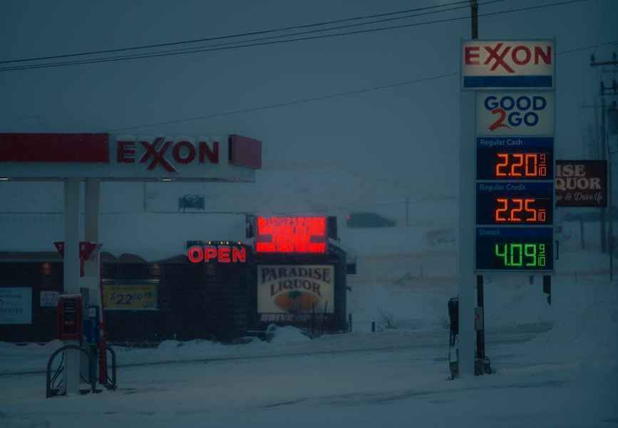gasoline station covered in snow