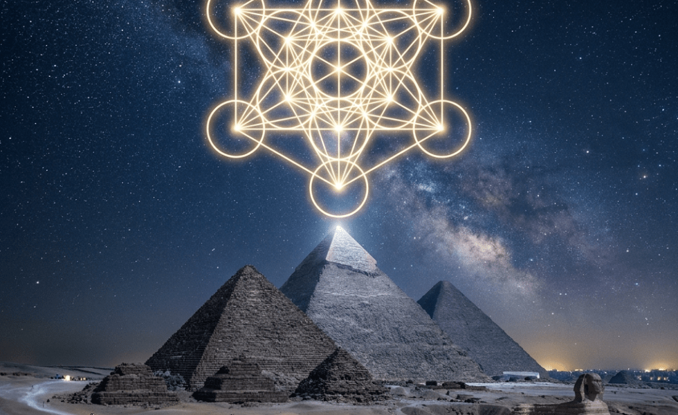 Great Pyramids of Giza at night with glowing geometric pattern above